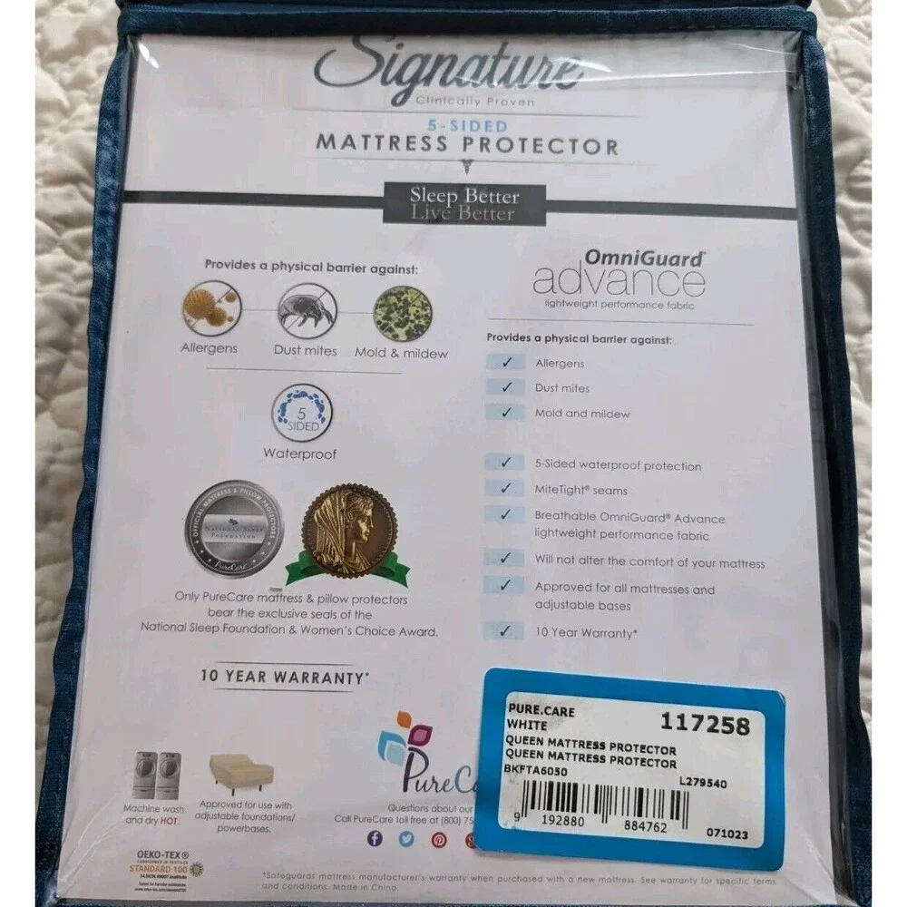 Signature Queen Size Mattress Protector 5 Sided Waterproof Prevents Allergens
